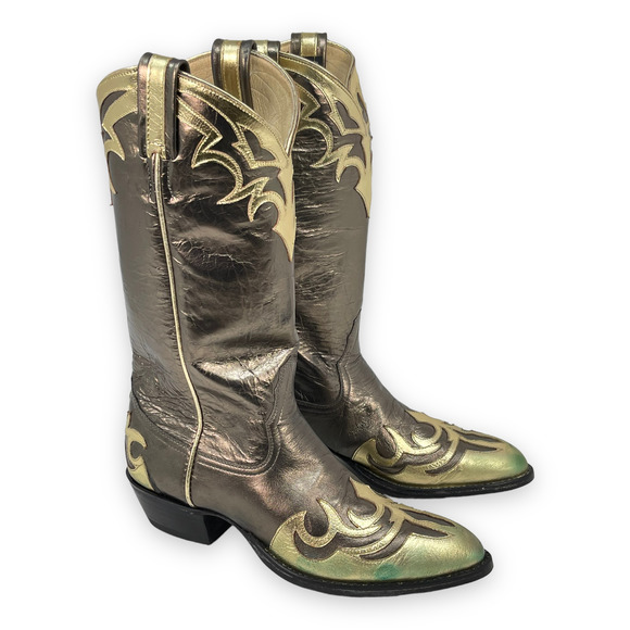 Larry Mahan Shoes - Vintage Larry Mahan Womens Kidskin Pewter Brown Gold Cowboy Boots 9B **FLAW**